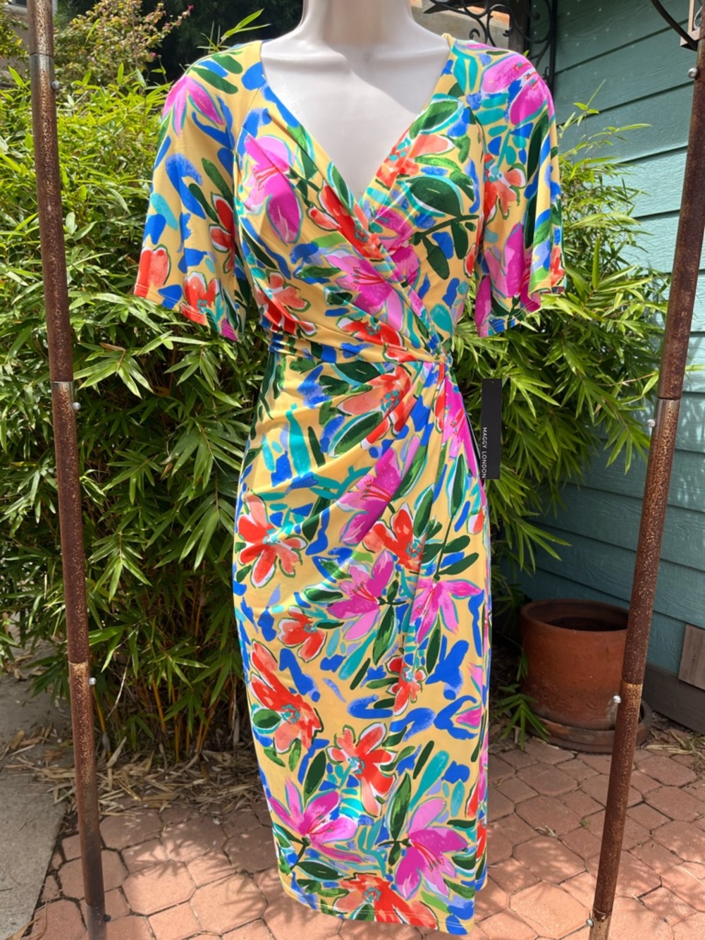 Maggy London Yellow Floral Wrap Midi Dress
